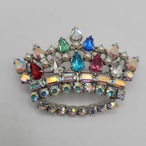 Vintage B David Signed Crown Tiara Rhinetone Brooc